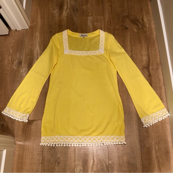 SEATON Retro Yellow Tunic Beach Pool Coverup 100% Cotton PomPon Fringe Size M - Picture 14 of 15